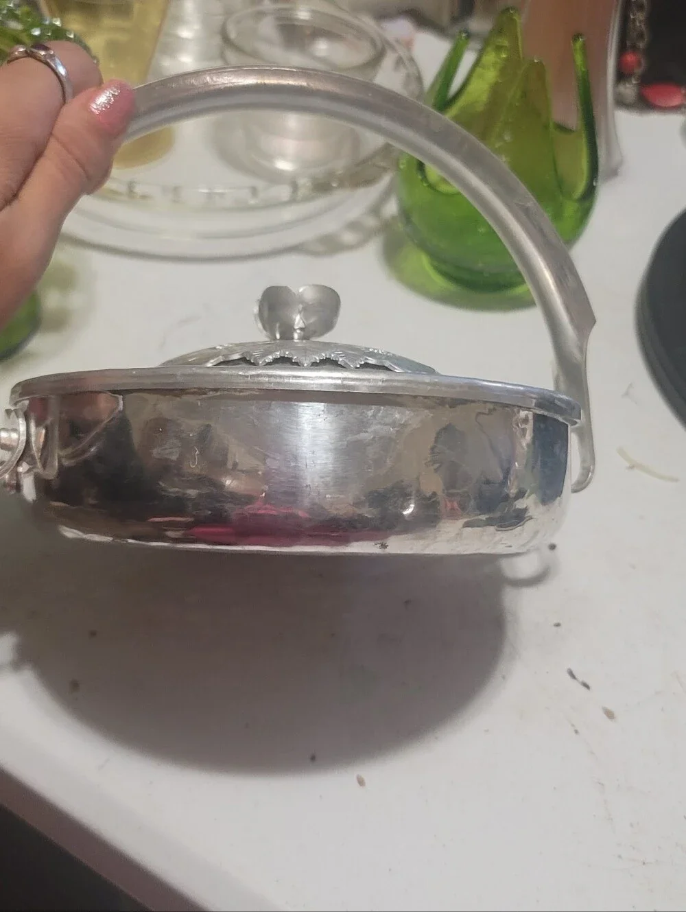 Vintage Wild Rose F1003 Hammered Aluminum Candy Dish w/ Bale Handle/ Bridal